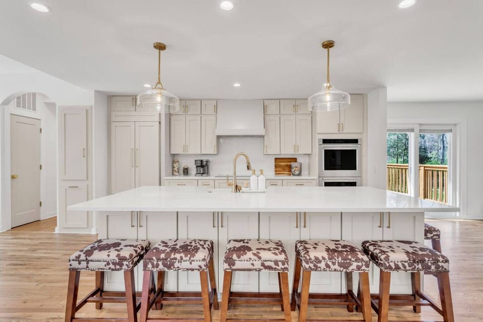 Spacious kitchen island featuring extra seating.