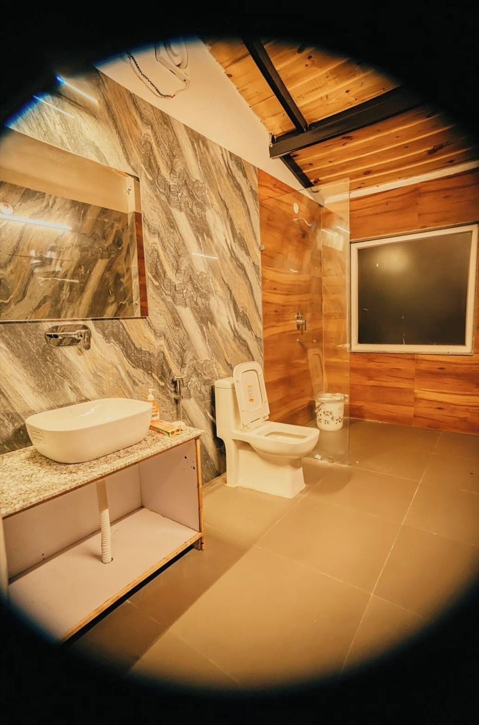 Shower, rainfall showerhead, slippers, towels