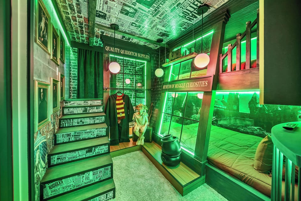 Step into a unique entryway where industrial charm meets playful design, highlighted by bold green lighting and quirky decor. The staircase leads to cozy nooks, inviting conversation and exploration within this imaginative space.