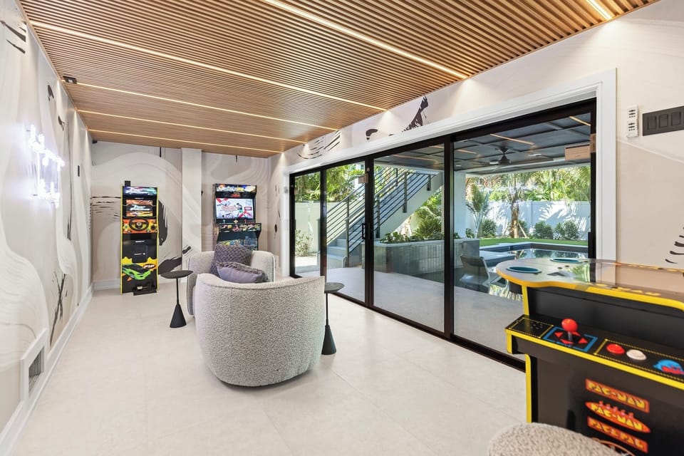 Game Room with Arcade Games and Lounge