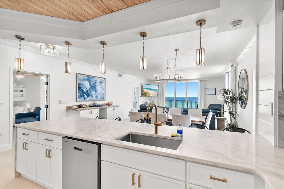 At Tidewater 201, you can cook delicious meals while overlooking the Gulf of Mexico in the fully stocked and remodeled kitchen -new countertops and new cabinets!