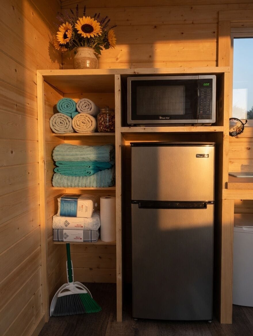 A fridge, a microwave, a little oven. All you need for a little somethin'