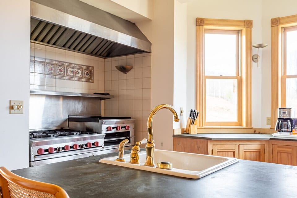 Chefs kitchen with a commercial-style range and vent hood
