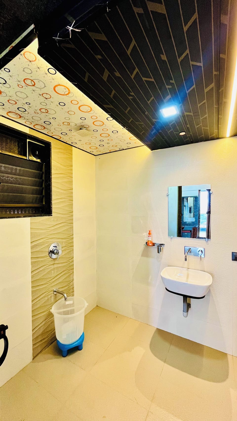 Shower, slippers, towels, soap