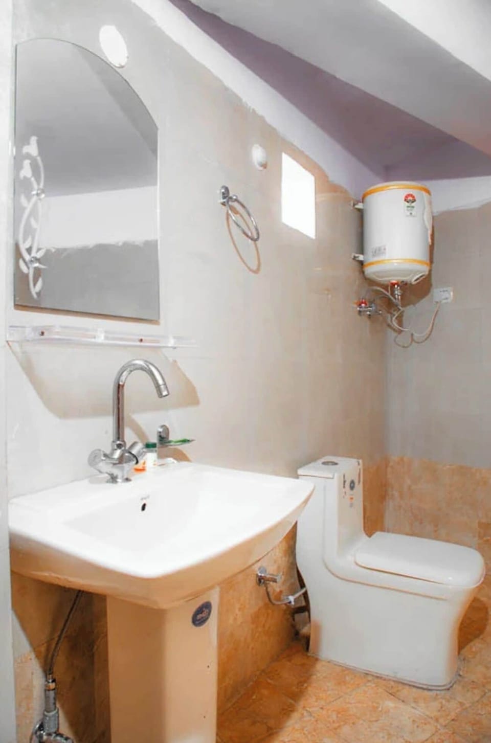 Shower, rainfall showerhead, slippers, towels