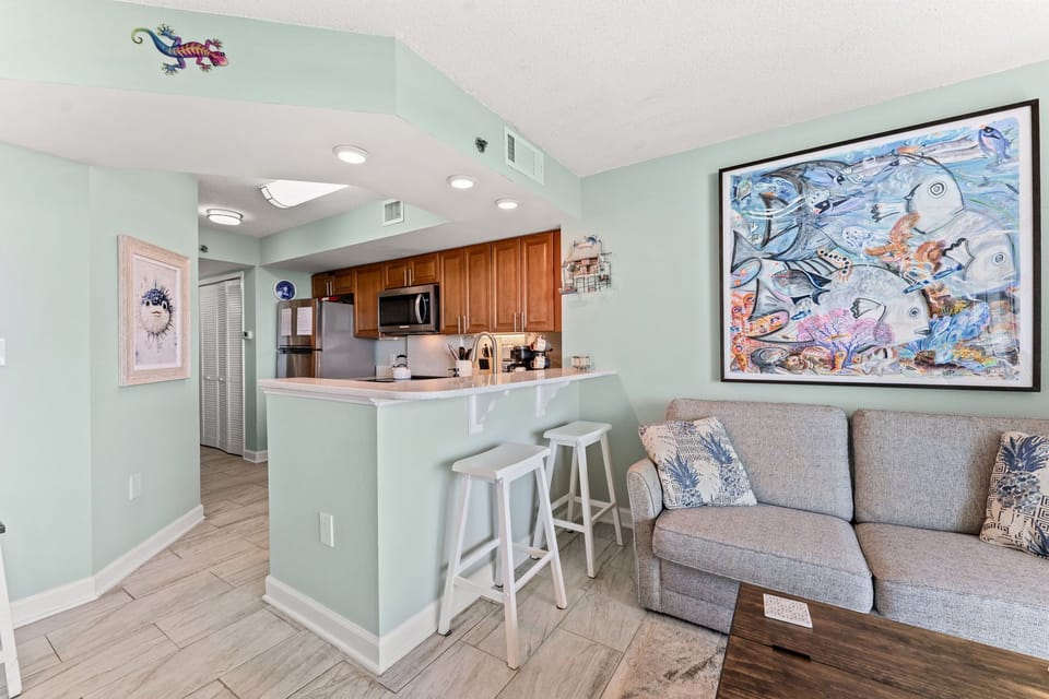 Dining counter adds additional seating.