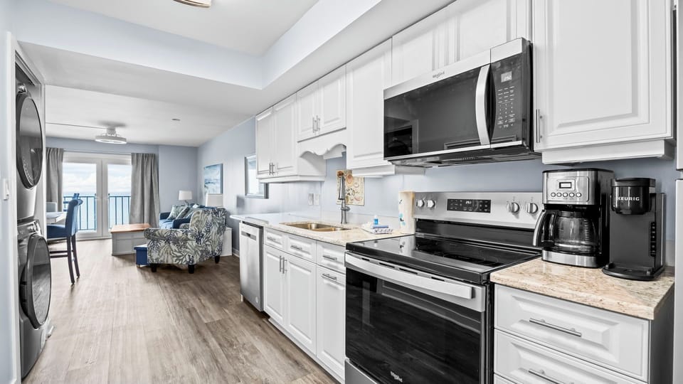 Surf Side Shores 1801 - Fully equipped kitchen with coffee maker and Keurig for your convenience.
