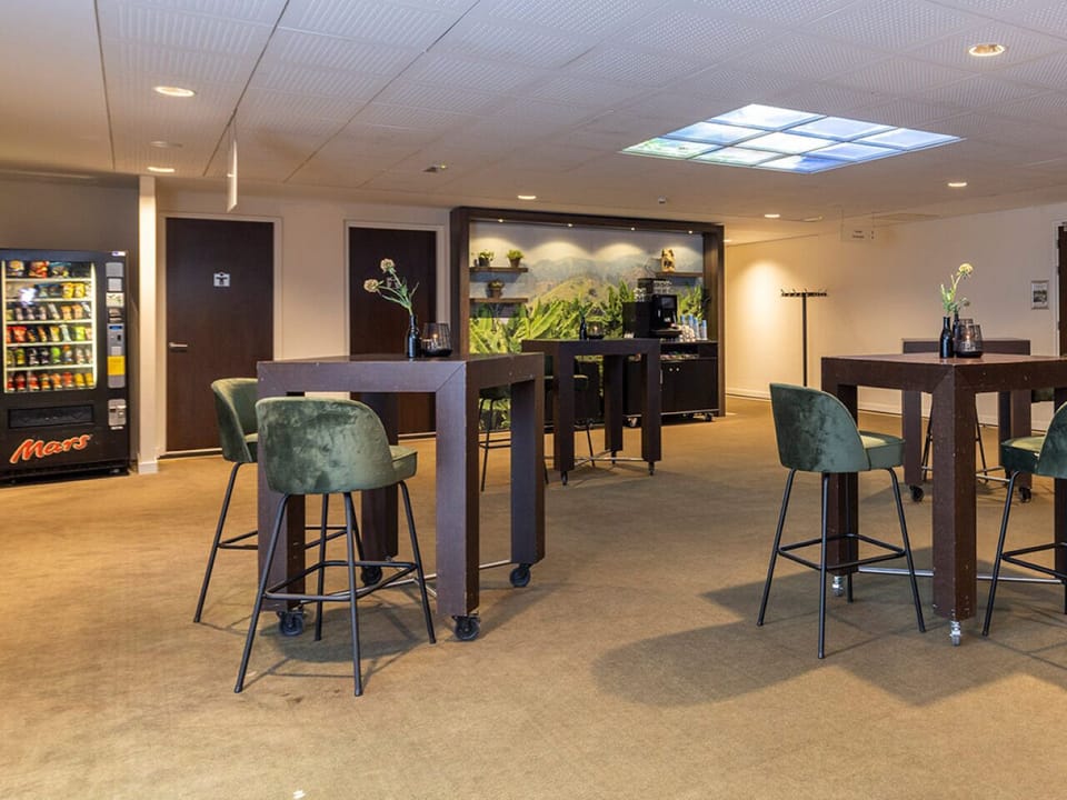 Enjoy casual chats at high-top tables between adventures.