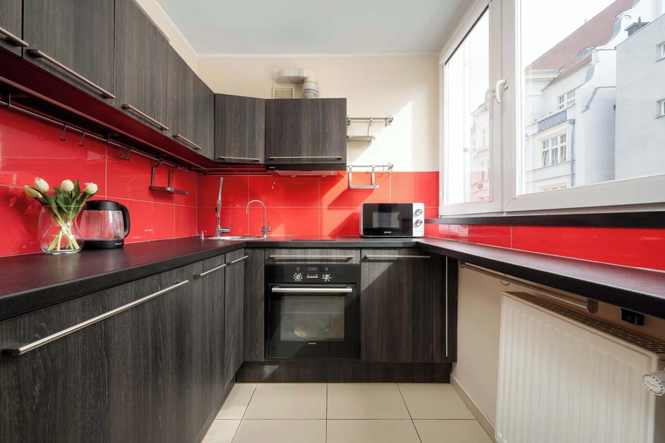 A secondary kitchen view emphasizes the ample counter space and integrated modern appliances under bright window light.