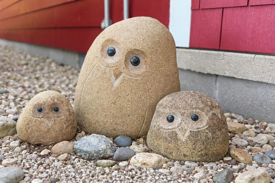 Whimsical owl stones among garden greenery.