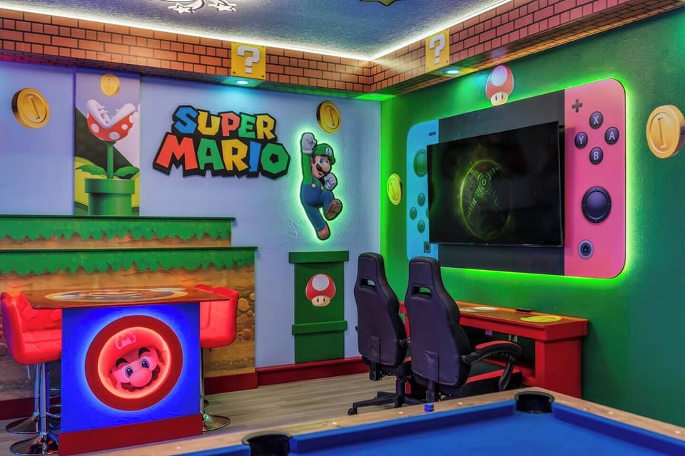 Super Mario-themed game nook w/ neon accents & arcade console—a playful hangout.