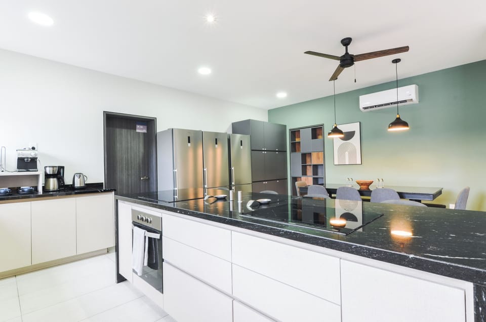 Full-size fridge, microwave, oven, stovetop