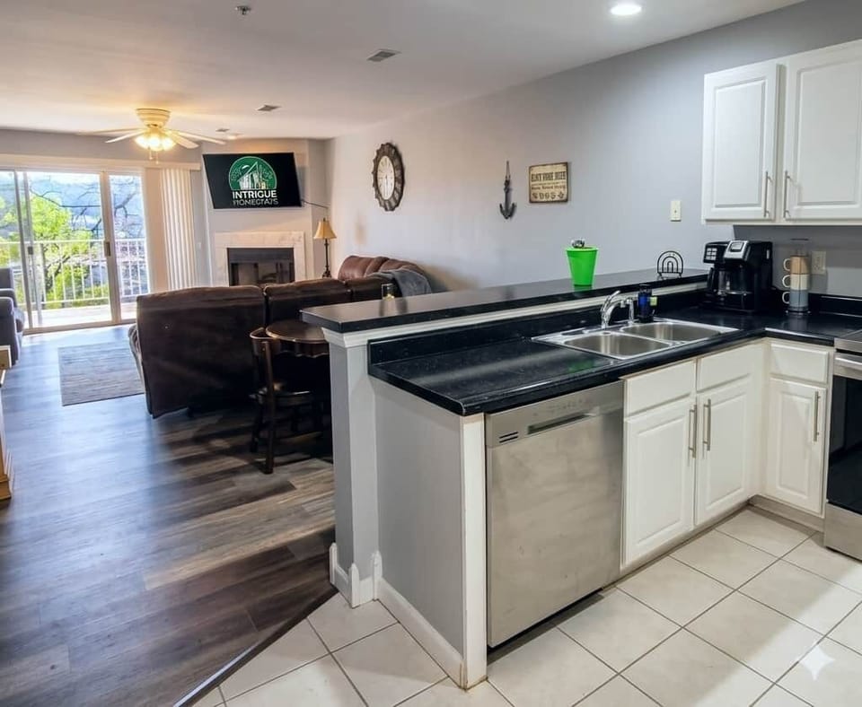 The main living area has an open floor plan with a lovely lake view. 