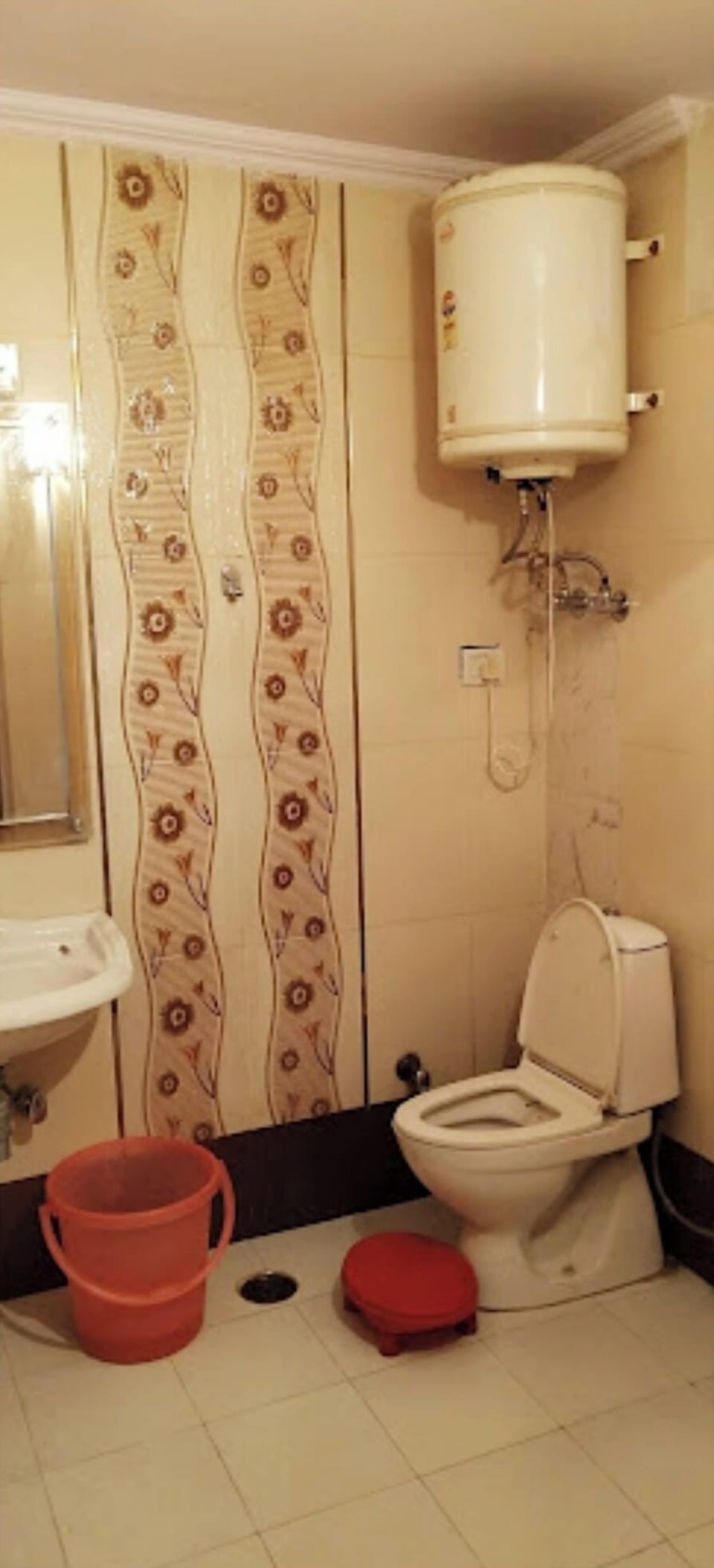 Shower, rainfall showerhead, slippers, towels