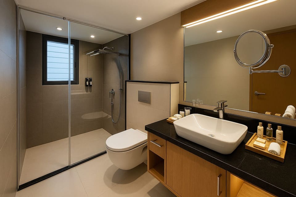 Shower, rainfall showerhead, hair dryer, bathrobes