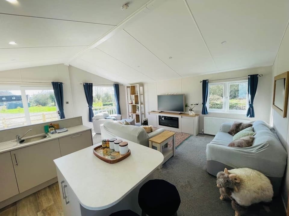 Open-plan living with 55-inch Smart TV and Netflix at Fleece Lodge.