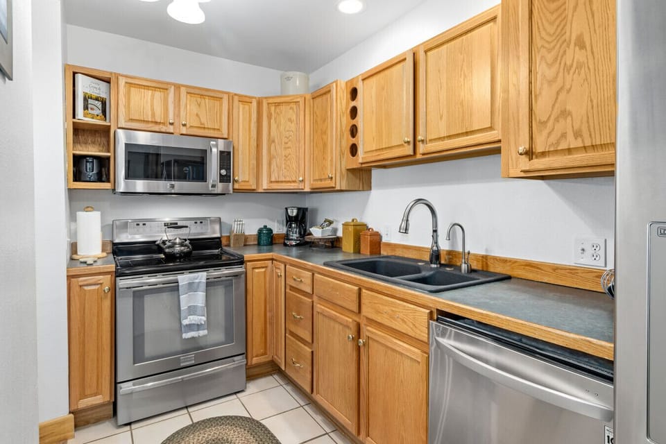 Well-stocked kitchen with room to cook and connect