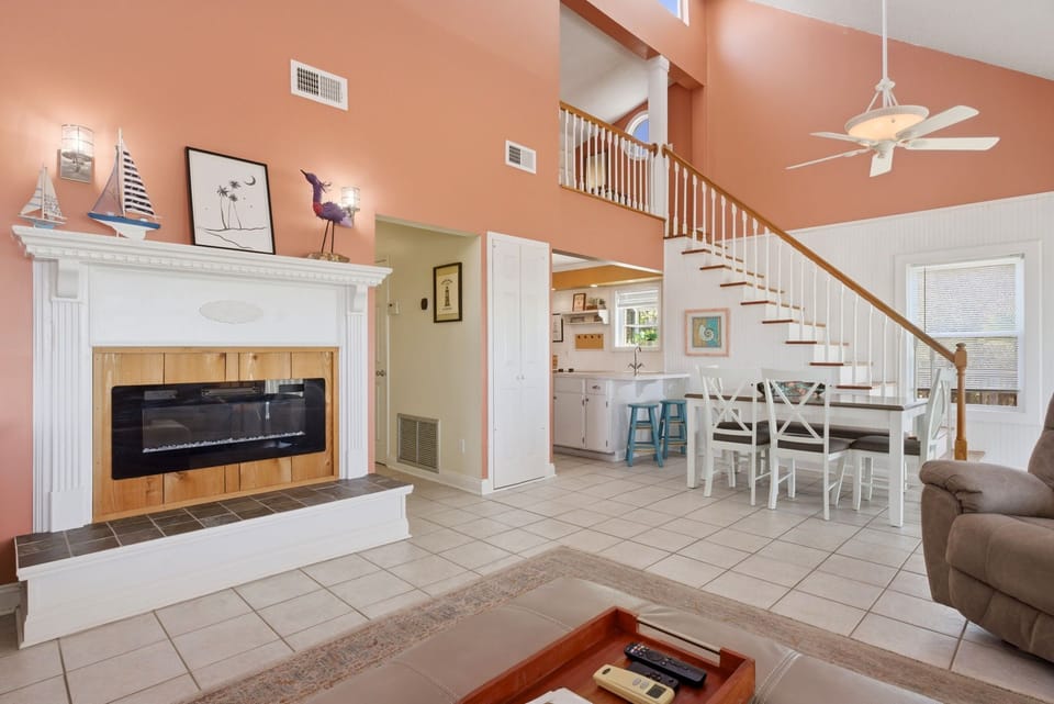 Dunestruck- Living Room & Fireplace View towards Dining, Kitchen & Loft
