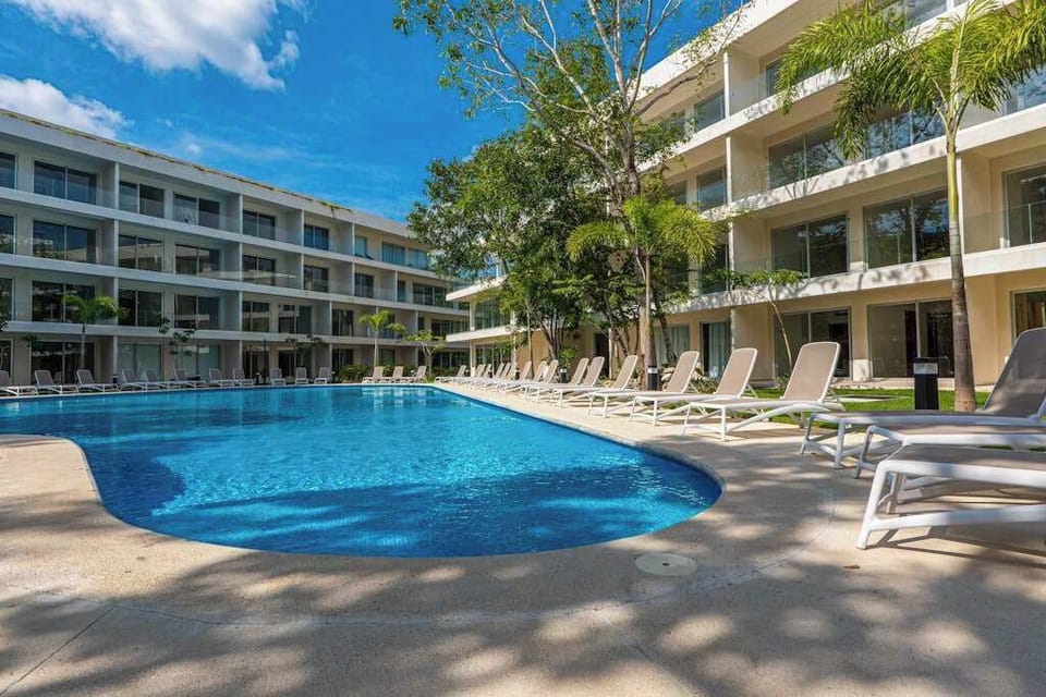 Shared resort pool, aerial view