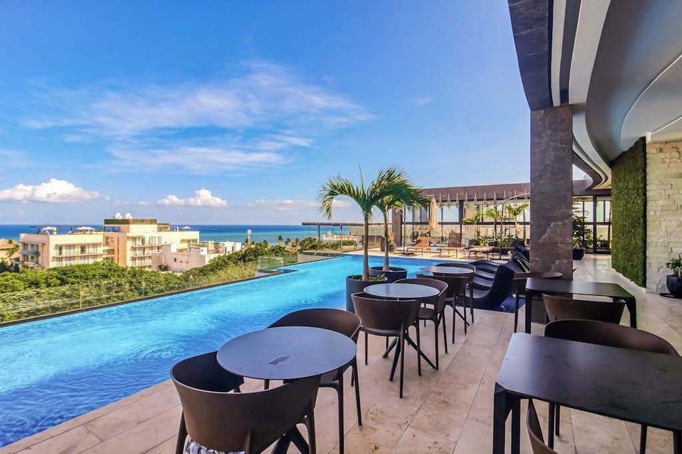 Shared rooftop lounge and dining area