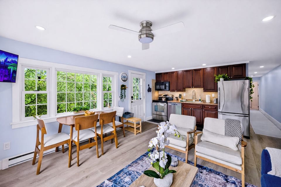 Casual and comfortable, just right for sitting down and enjoying a meal.