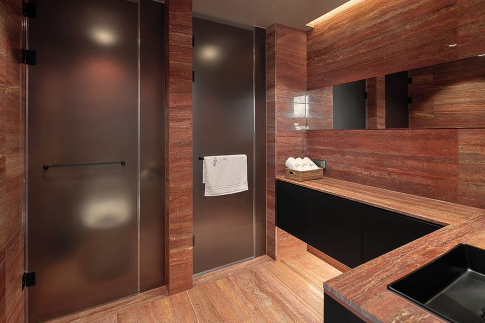Separate tub and shower, hair dryer, towels, soap