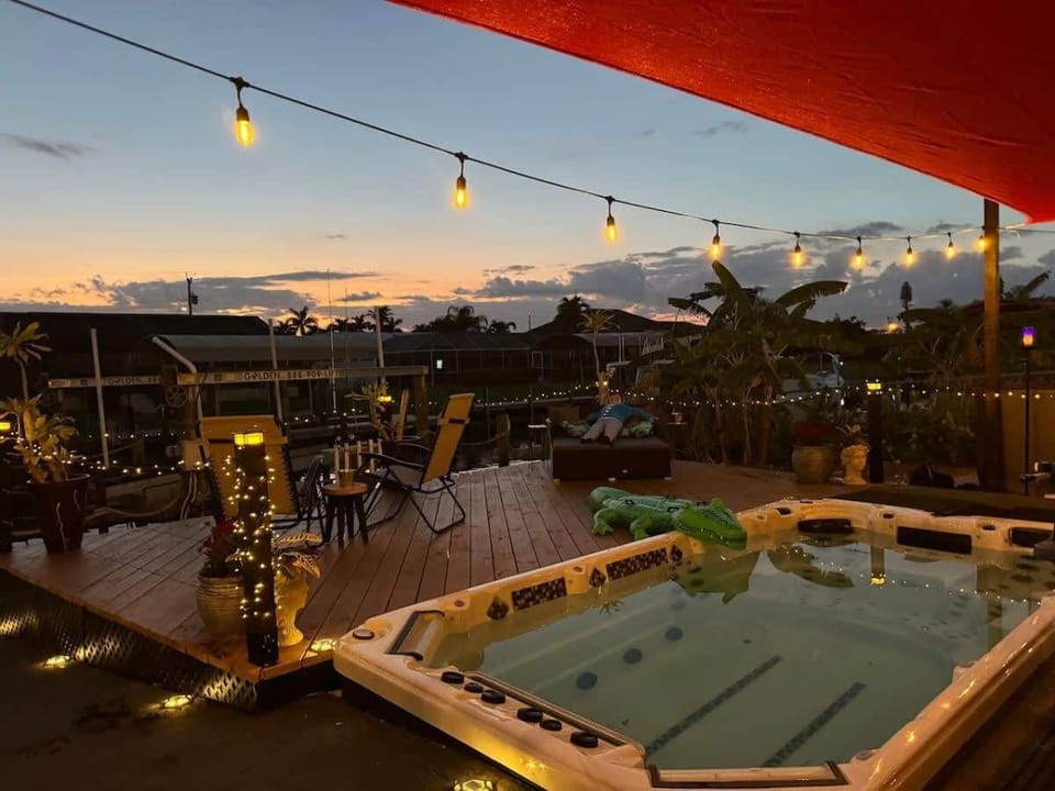 Accessible swim spa and deck @ night