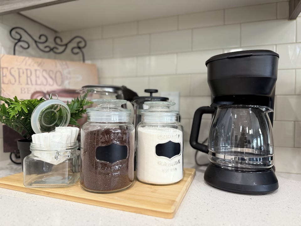 Start your morning right at our coffee station—coffee, creamer, kettle, and French press provided for a relaxing brew.