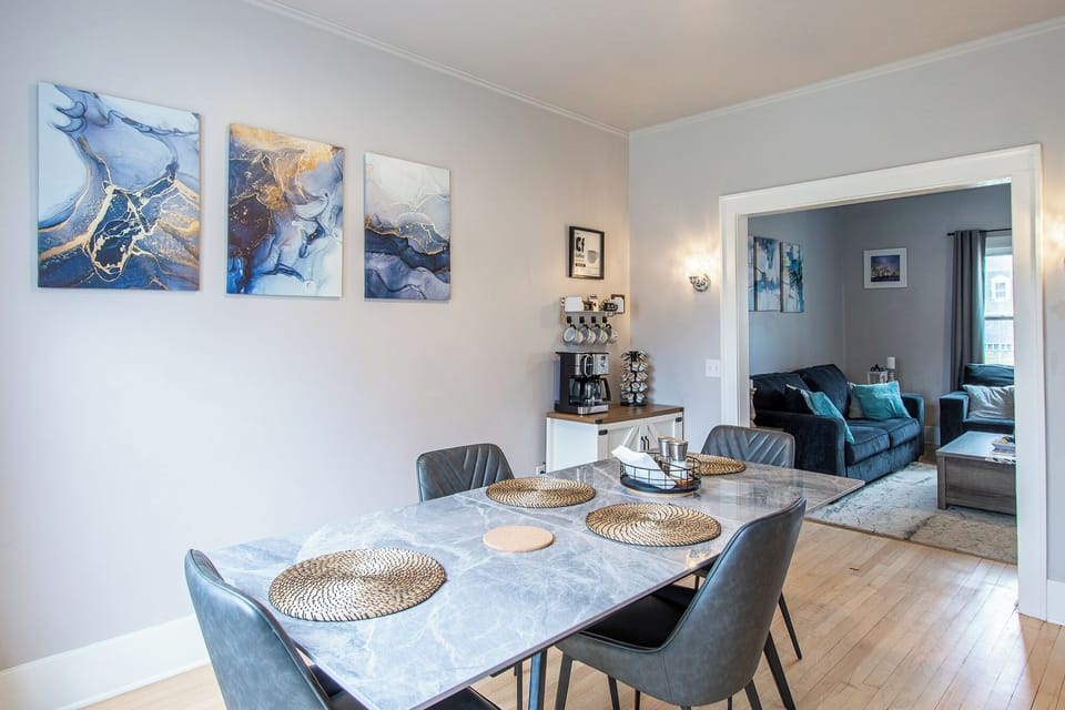 [Dining area] seating for four comfortably. Drip coffee and Keurig machine