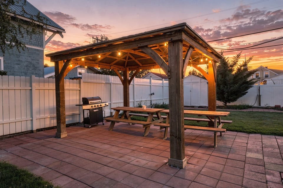 Evening light over the covered patio. 