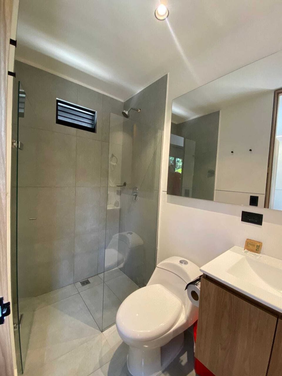 Shower, towels, soap, shampoo