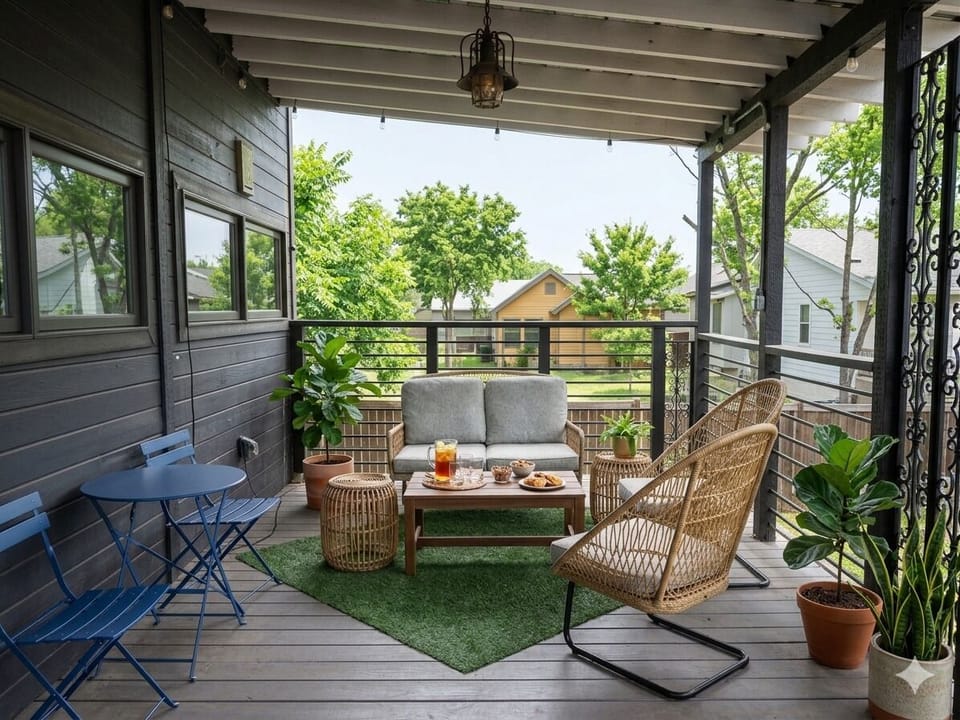 Cozy patio space ideal for morning coffee or evening wine under the Austin sky