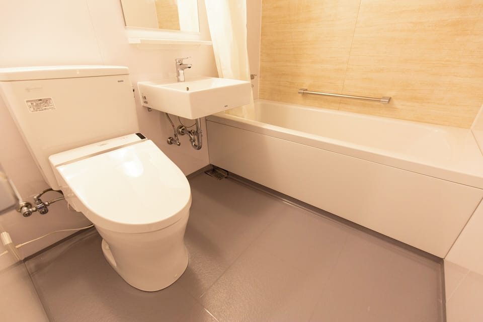 Separate tub and shower, towels, shampoo, toilet paper