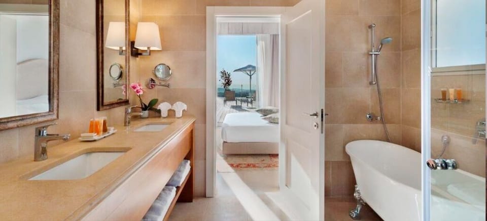 Separate tub and shower, free toiletries, hair dryer, bathrobes
