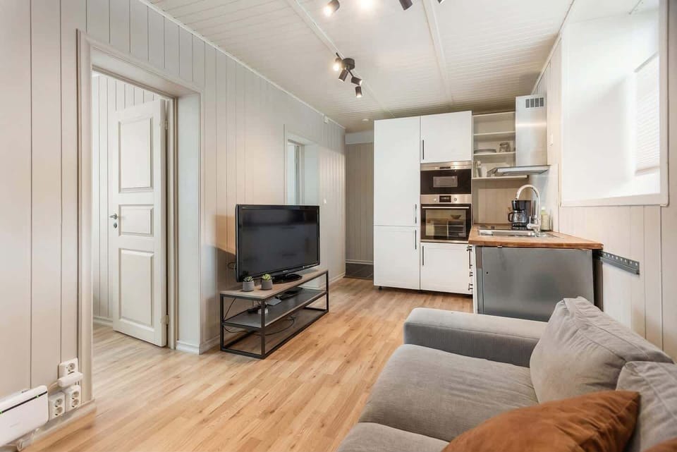 Open-plan living area with sofa, TV, and fully equipped kitchen