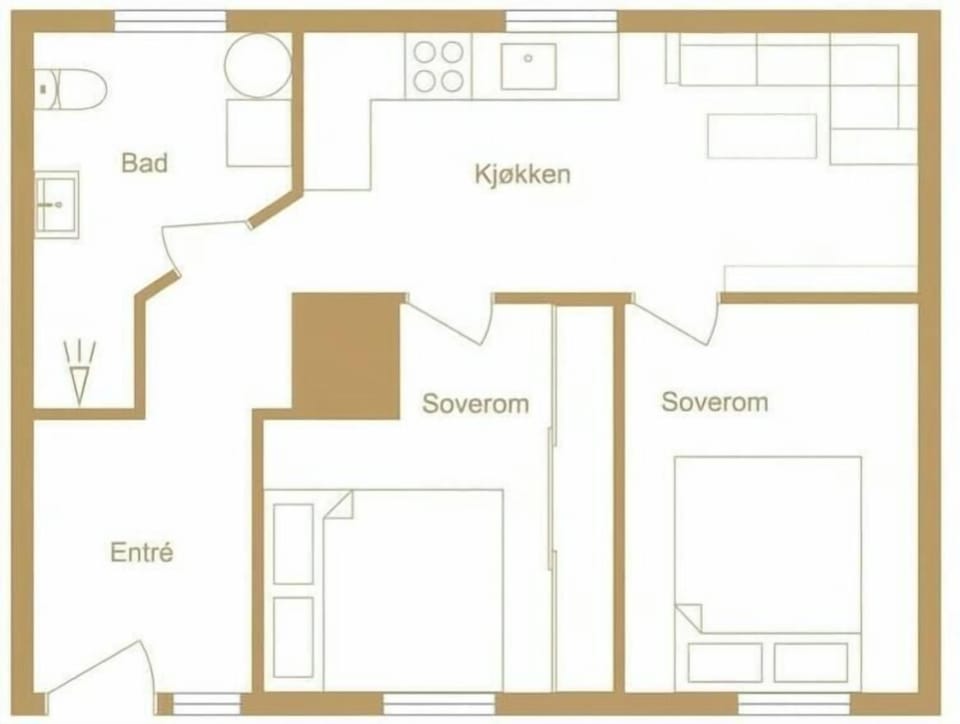 Floor plan - two bedrooms, bathroom, kitchen, and living area