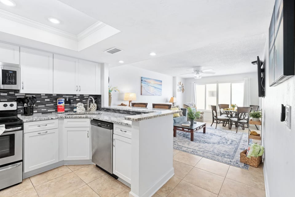 Open platform kitchen looking into the main living area