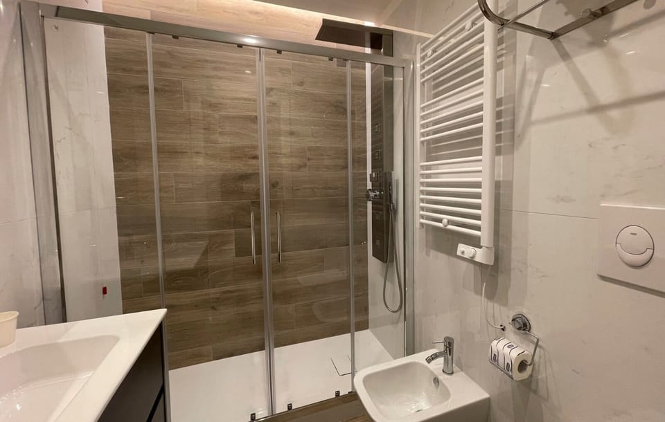 Separate tub and shower, hair dryer, slippers, bidet