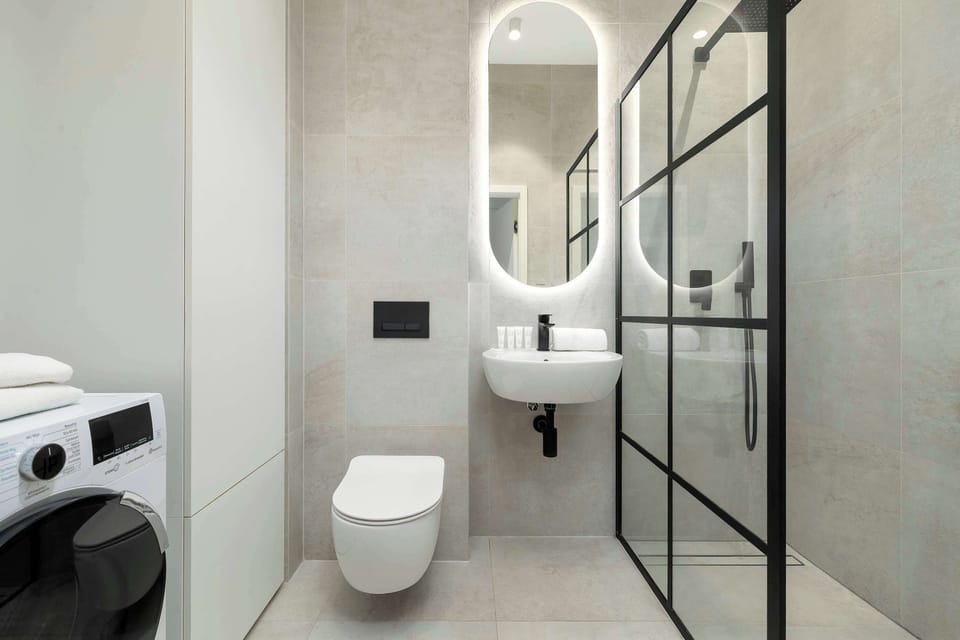 The bathroom layout is shown from the entrance, featuring a washing machine tucked neatly into the corner. A wall-hung toilet and a modern sink vanity maximize the floor space in this compact room.