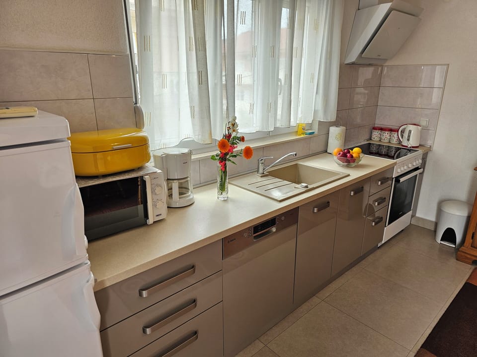 Apartment, Balcony | Private kitchen | Full-size fridge, microwave, oven, stovetop
