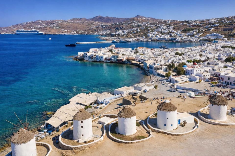 Famous windmills set above the coastline with panoramic views of Mykonos Town, the harbor, and turquoise waters—one of the island’s most photographed landmarks just 650m from the property