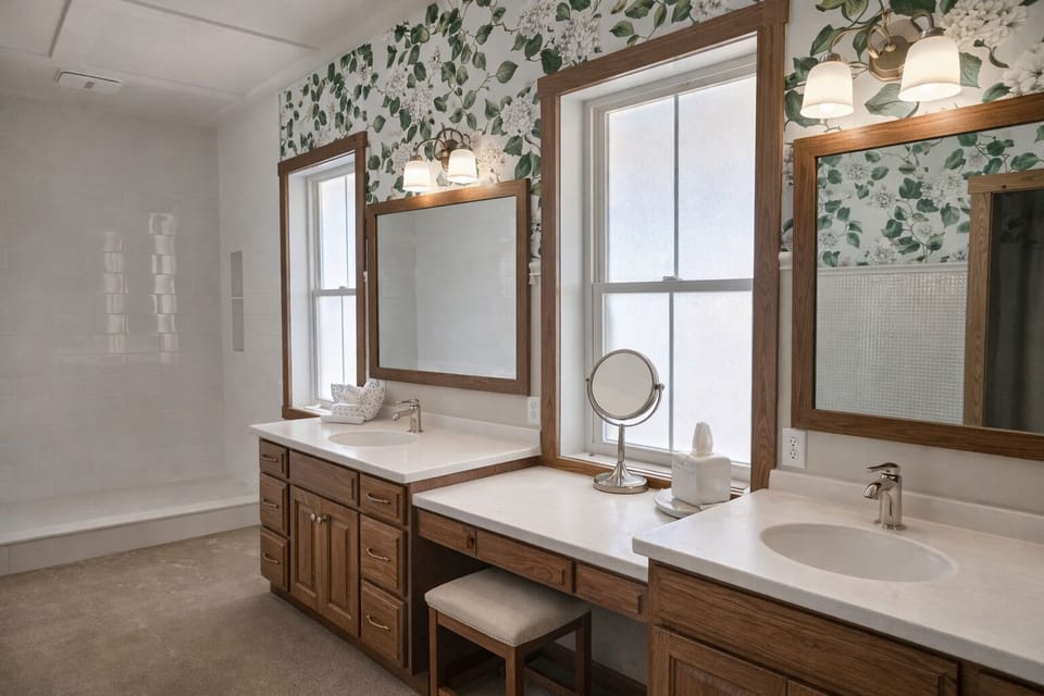 Rendering of the main level primary ensuite.  Not shown is the soaking tub and separate toilet and washing sink.