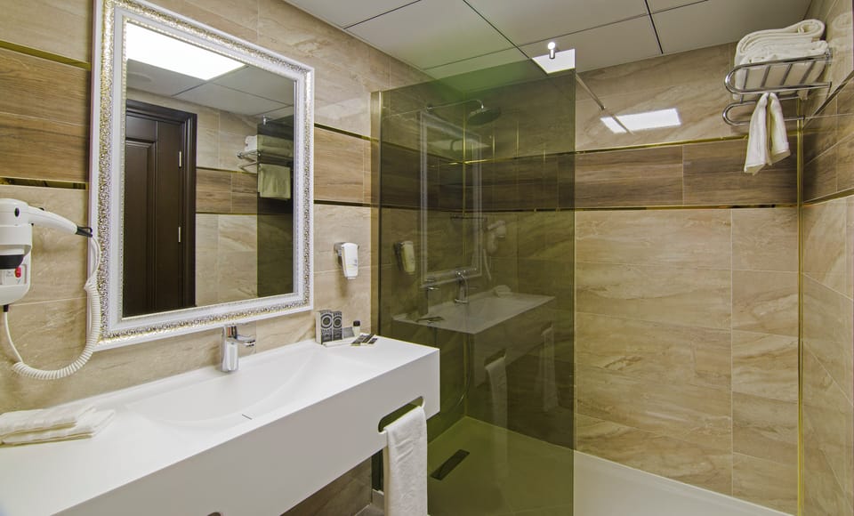 Shower, rainfall showerhead, designer toiletries, hair dryer