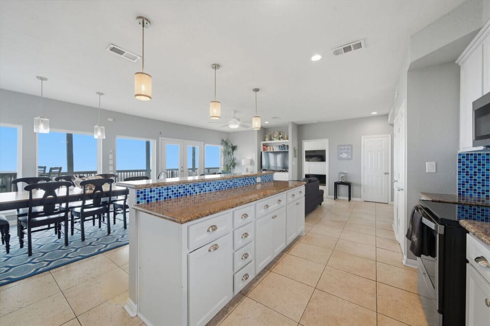 A spacious kitchen island perfect for gathering and prep