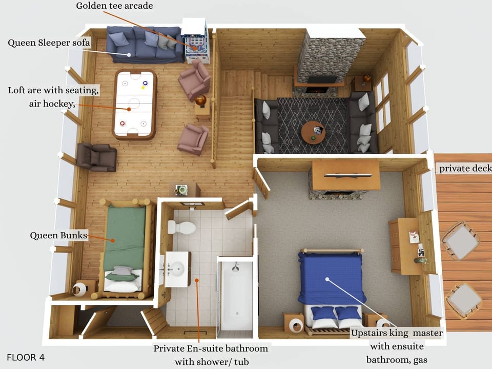 Smoky Mountain Bearadise's 2nd Floor King rooms and double queen rooms with en suite bathrooms and private balconies. Giant theater room and game table.