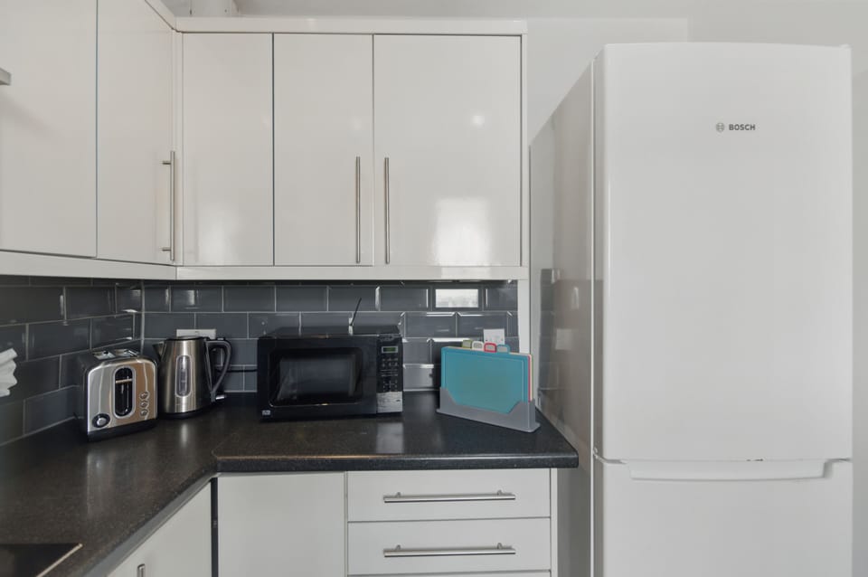 Full-size fridge, microwave, oven, stovetop