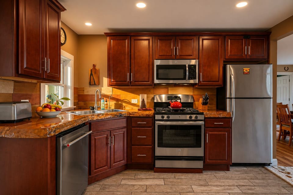 Warm gourmet kitchen with stainless appliances and rich wood cabinetry