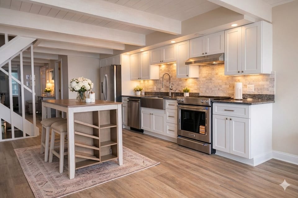Gourmet kitchen with stainless appliances and an oversized island.