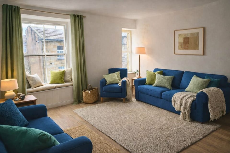 A cosy, thoughtfully styled living space with soft seating, warm textures, and natural light — ideal for unwinding after a long day.