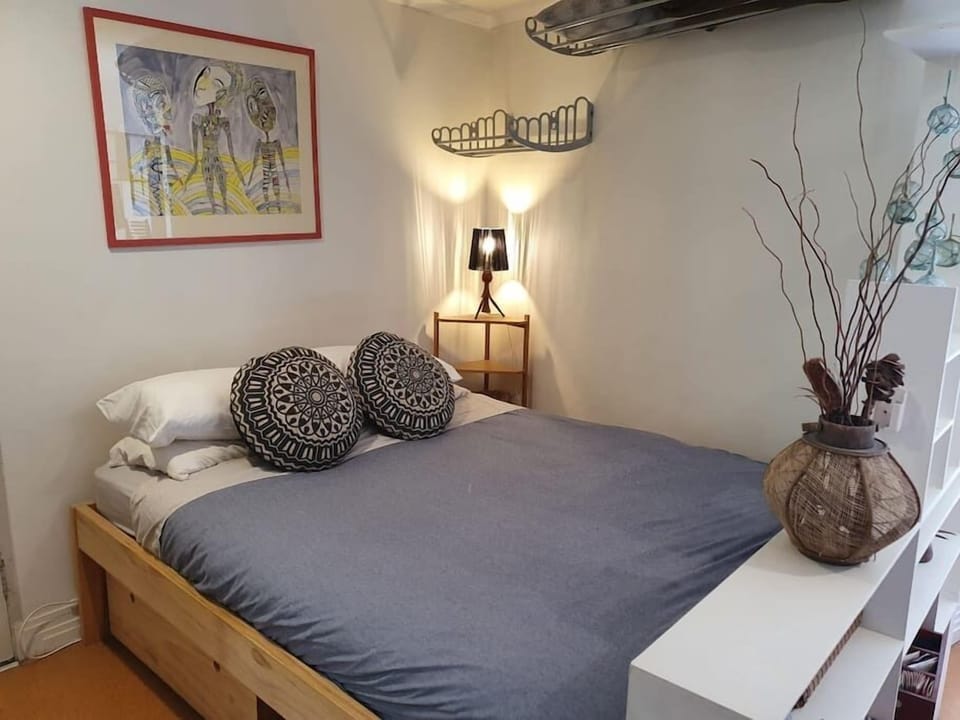 Queen bed positioned behind the bookshelf/partition for added privacy
